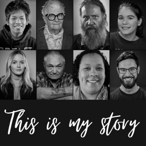 Poster for This is My Story exhibition featuring lots of black and white portrait photos